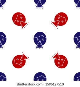 Blue and red Man holding handkerchief or napkin to his runny nose icon isolated seamless pattern on white background. Coryza disease symptoms.  Vector Illustration