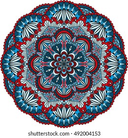 Blue red Mandala. Ethnic decorative elements. Hand drawn background. Islam, Arabic, Indian, ottoman motifs.