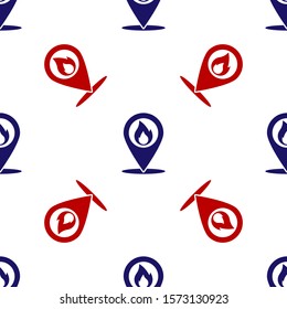 Blue and red Map pointer with fire flame icon isolated seamless pattern on white background. Fire nearby.  Vector Illustration