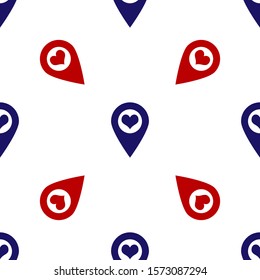 Blue and red Map pointer with heart icon isolated seamless pattern on white background.  Vector Illustration