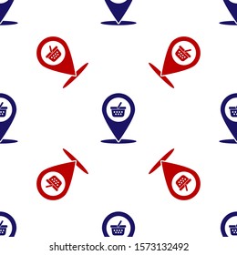 Blue and red Map pointer with shopping basket icon isolated seamless pattern on white background. Pin point shop and shopping. Supermarket basket symbol.  Vector Illustration