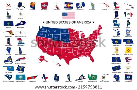Blue and red map of United States of America with borders and short names, enclosed into frame of all 50 states flags. EPS 10 vector design.