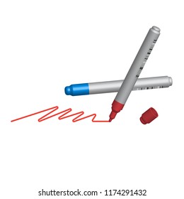 Blue and red markers on a white background., Vector illustration