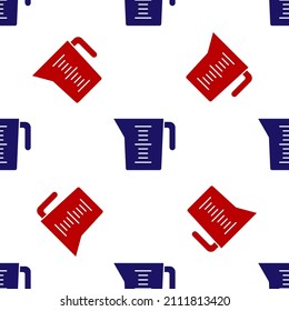 Blue and red Measuring cup to measure dry and liquid food icon isolated seamless pattern on white background. Plastic graduated beaker with handle.  Vector