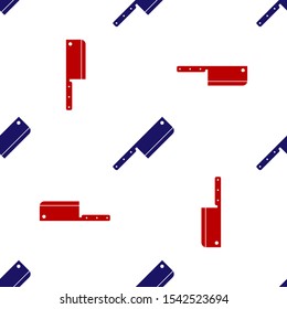 Blue and red Meat chopper icon isolated seamless pattern on white background. Kitchen knife for meat. Butcher knife.  Vector Illustration