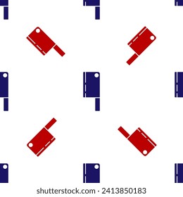 Blue and red Meat chopper icon isolated seamless pattern on white background. Kitchen knife for meat. Butcher knife. Happy Halloween party.  Vector