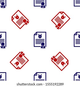 Blue and red Medical certificate for travel with dog or cat icon isolated seamless pattern on white background. Document for pet. Dog or cat paw print.  Vector Illustration