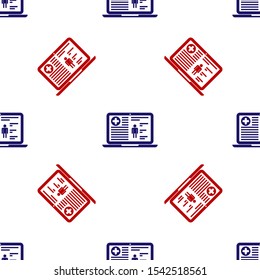 Blue and red Medical clinical record on laptop icon isolated seamless pattern on white background. Health insurance form. Prescription, medical check marks report.  Vector Illustration