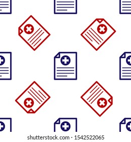 Blue and red Medical clipboard with clinical record icon isolated seamless pattern on white background. Health insurance form. Prescription, medical check marks report.  Vector Illustration