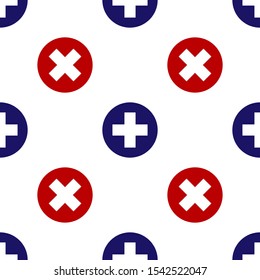 Blue and red Medical cross in circle icon isolated seamless pattern on white background. First aid medical symbol.  Vector Illustration