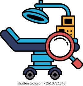 A blue and red medical examination table with a magnifying glass on it. The table is designed to be used in a medical setting