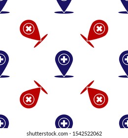 Blue and red Medical map pointer with cross hospital icon isolated seamless pattern on white background.  Vector Illustration