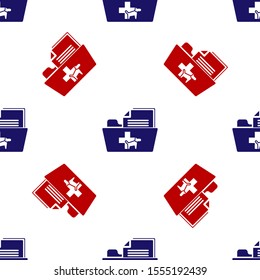 Blue and red Medical veterinary record folder icon isolated seamless pattern on white background. Dog or cat paw print. Document for pet. Patient file icon.  Vector Illustration