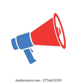 A blue and red megaphone on a white background, symbolizing public speaking, announcement, or communication.