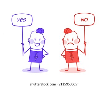 blue and red men show signs with signs no and yes. One man shows a sign yes, a red man shows a sign yes