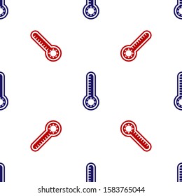 Blue and red Meteorology thermometer measuring heat and cold icon isolated seamless pattern on white background. Thermometer equipment showing hot or cold weather.  Vector Illustration