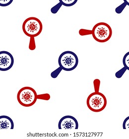 Blue and red Microorganisms under magnifier icon isolated seamless pattern on white background. Bacteria and germs, cell cancer, microbe, virus, fungi.  Vector Illustration