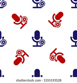 Blue and red Microphone and gear icon isolated seamless pattern on white background. Adjusting app, service concept, setting options, maintenance, repair, fixing.  Vector Illustration