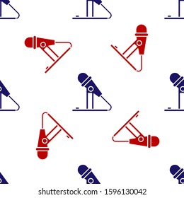 Blue and red Microphone icon isolated seamless pattern on white background. On air radio mic microphone. Speaker sign.  Vector Illustration