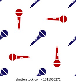 Blue and red Microphone icon isolated seamless pattern on white background. On air radio mic microphone. Speaker sign. Vector.