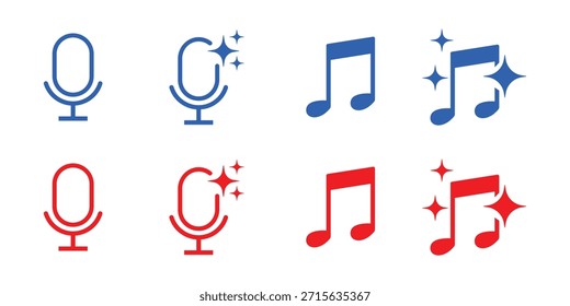 Iconos azules y rojos del micrófono y de la nota de la música icono del micrófono aislado en el fondo blanco