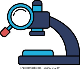 A blue and red microscope with a magnifying glass on the top. The microscope is a symbol of scientific discovery and exploration