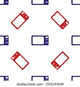Blue and red Microwave oven icon isolated seamless pattern on white background. Home appliances icon. Vector Illustration