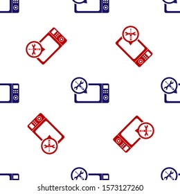 Blue and red Microwave oven with screwdriver and wrench icon isolated seamless pattern on white background. Adjusting, service, setting, maintenance, repair, fixing.  Vector Illustration