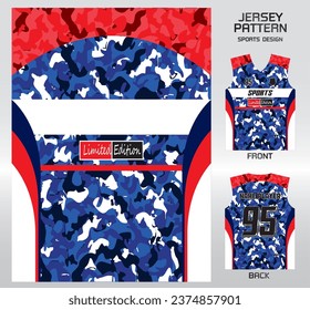 Blue red military camouflage pattern design, illustration, textile background for sports t-shirt, football jersey shirt mockup for football club. consistent front view