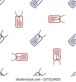 Blue and red Military dog tag icon isolated seamless pattern on white background. Identity tag icon. Army sign.  Vector Illustration
