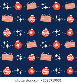 Blue, Red Minimalist Seamless Christmas Pattern with Christmas Snowflakes Flat design