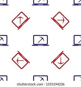 Blue and red Mining concept with laptop and pickaxe icon isolated seamless pattern on white background. Blockchain technology, cryptocurrency mining, digital money market.  Vector Illustration