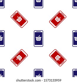 Blue and red Mobile phone and shopping basket icon isolated seamless pattern on white background. Online buying symbol. Supermarket basket symbol.  Vector Illustration