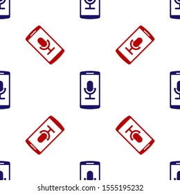 Blue and red Mobile recording icon isolated seamless pattern on white background. Mobile phone with microphone. Voice recorder app smartphone interface.  Vector Illustration