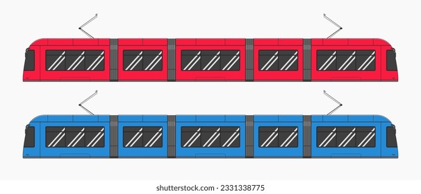 blue and red modern tram way train car side view vector flat illustration