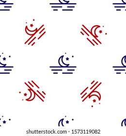 Blue and red Moon and stars icon isolated seamless pattern on white background.  Vector Illustration