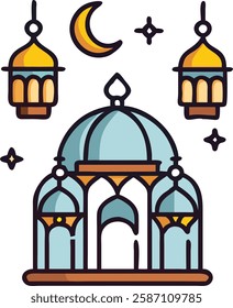 Blue and red mosque with lanterns and crescent, symbolizing Ramadan devotion.