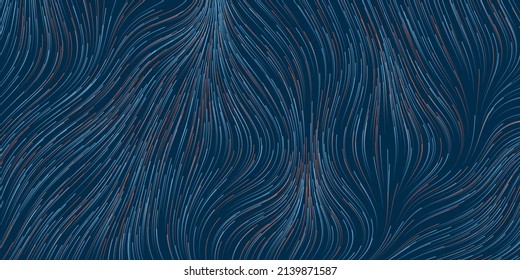 Movimiento azul y rojo,Fluido,Corriente brillante de partículas en curvado,Líneas onduladas - Diseño de fondo geométrico 3D de color oscuro generado digitalmente, arte generativo en formato vectorial editable