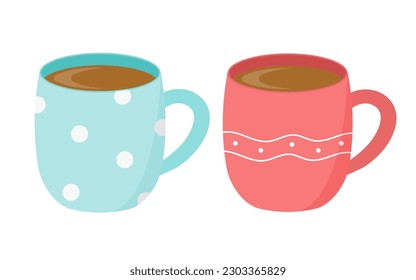  Blue and red mugs with different patterns. Flat vector illustration. Isolated on a white background.