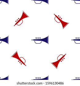 Blue and red Musical instrument trumpet icon isolated seamless pattern on white background.  Vector Illustration