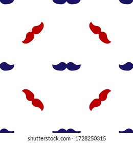 Blue and red Mustache icon isolated seamless pattern on white background. Barbershop symbol. Facial hair style. Vector Illustration