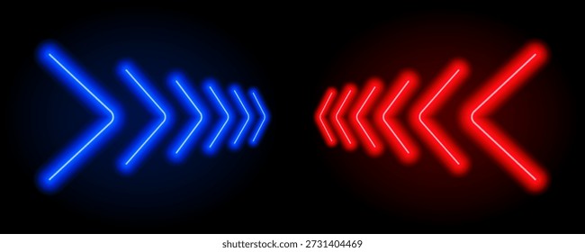 Blue and red neon arrow element. Glowing led sign in forward direction. Shine tube lamps in arrowhead shape. Bright luminous fluorescent pointer effect for banner, poster, logo. Vector neon led light