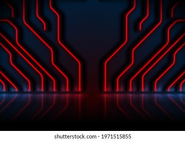 Blue and red neon circuit board technology background. Futuristic glowing vector design