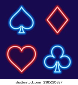 Blue and Red Neon Isolated Card Suits for Poker and Casino on dark blue wall background vector illustration
