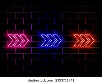 Blue red neon laser arrows technology background. Futuristic bright vector graphic design. Green, red, yellow, pink, blue, orange