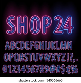 Blue Red Neon Light Double Stroke Alphabet Set For Signs. Realistic Vector Font Set