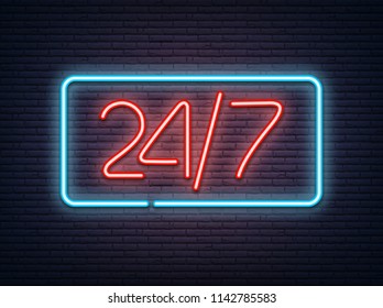 Blue and red neon luminous 24/7 signboard on grey realistic bricklaying wall. Textured background. Vector illustration.