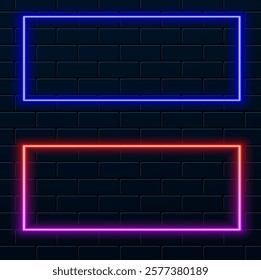 Blue red neon rectangle with rounded edges, lighting frame, bright neon light border, retro led neon lamp tube on dark background.