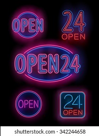 Blue and Red  Neon Set of Open 24 hours Signs for Bar, Cafe,  Stores etc.  Vector illustration