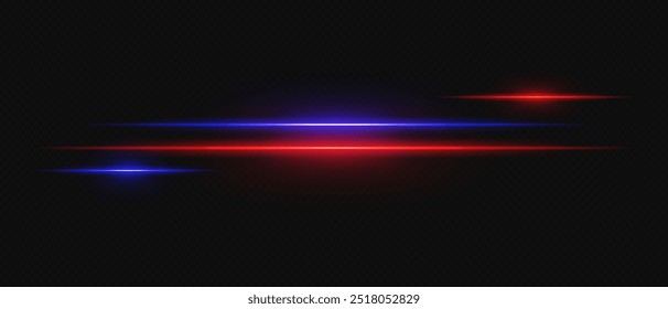 Blue and red neon stripes or light flash. Laser beams, horizontal beams. Beautiful light reflections. Glowing stripes on a black background.